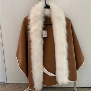 Brown and White Cape with Luxurious Faux Fur Trim